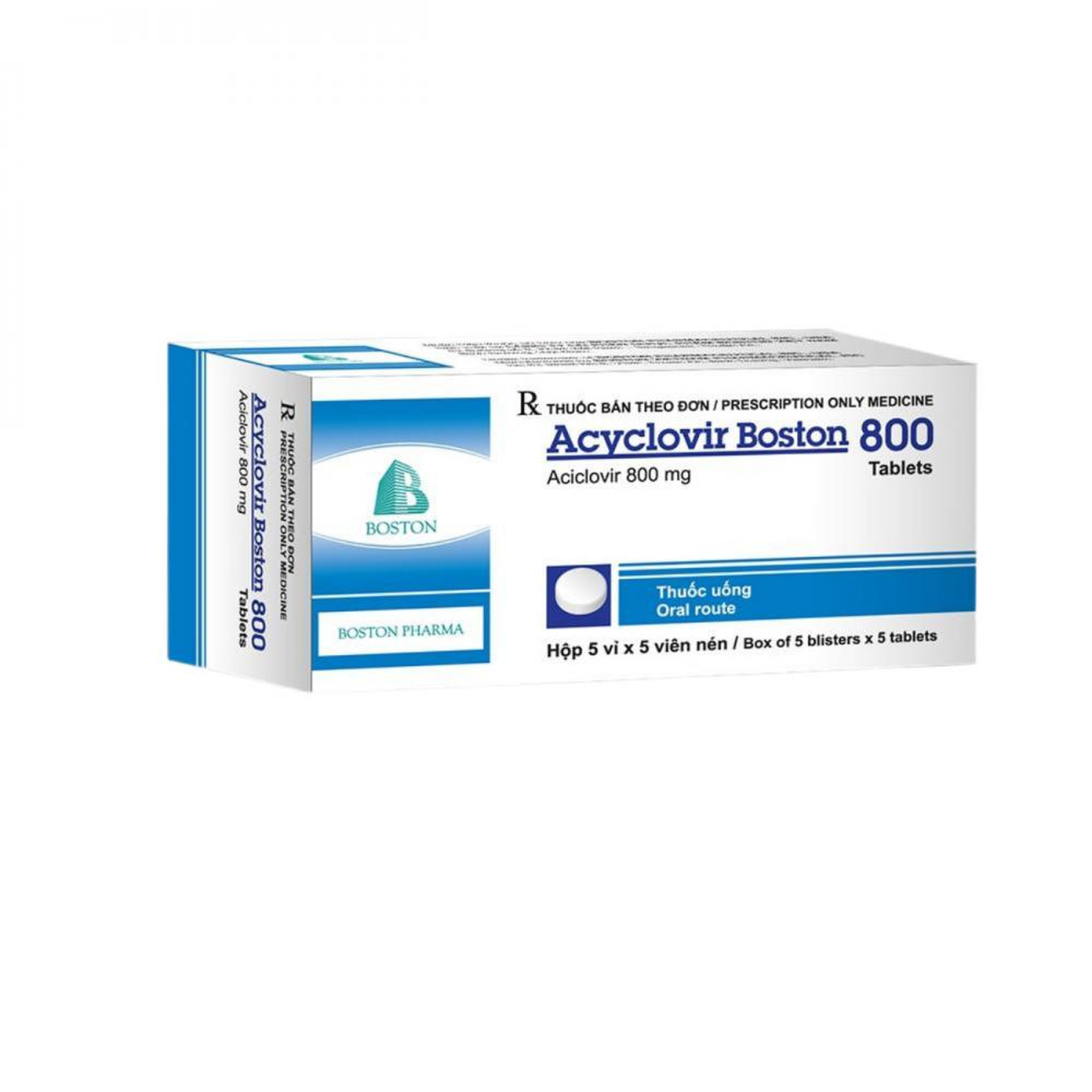 Thuốc Acyclovir Boston 800 điều trị và phòng ngừa tái phát nhiễm Herpes simplex, điều trị bệnh thủy đậu và zona (Hộp 5 vỉ x 5 viên)