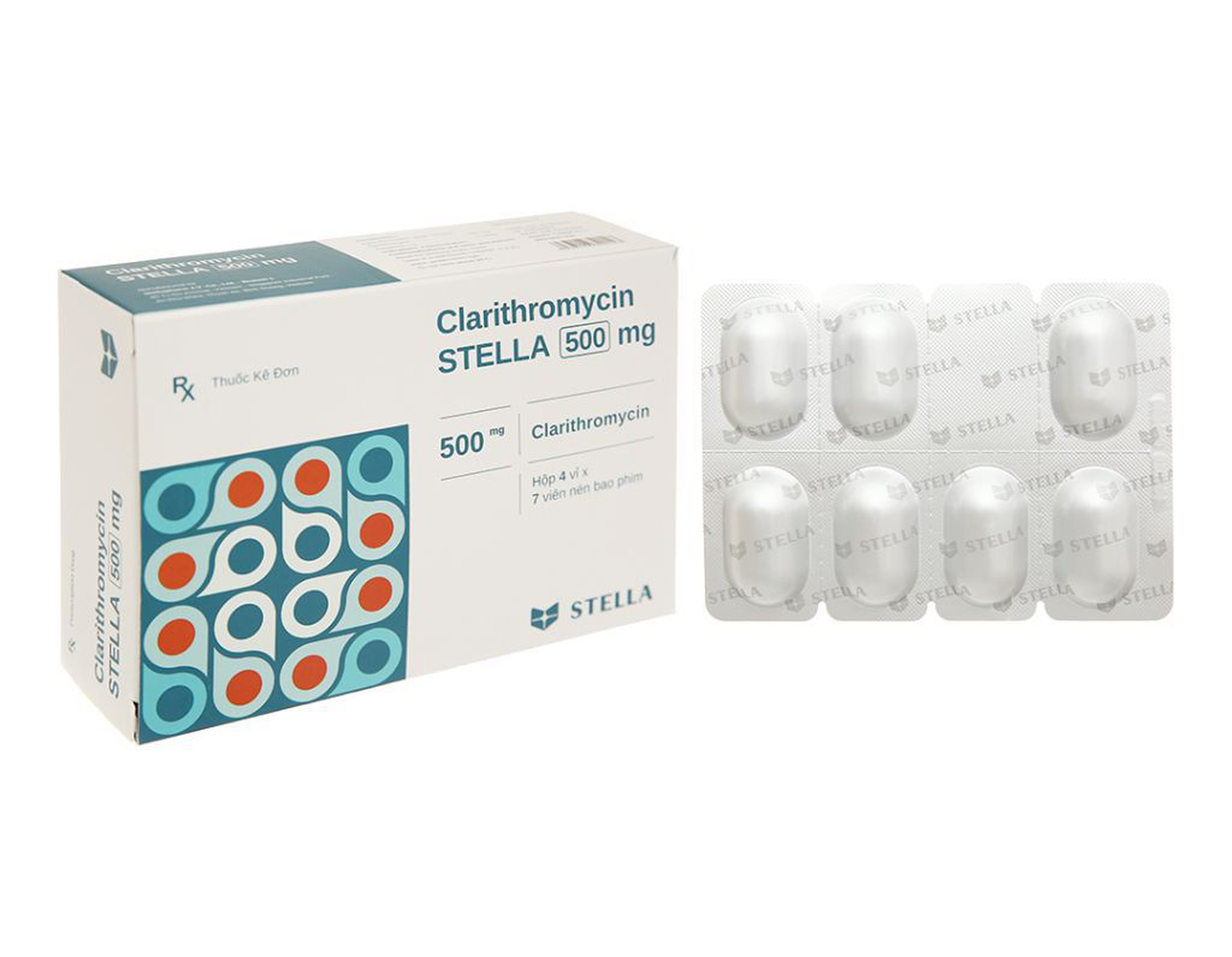 Thuốc Clarithromycin STELLA 500mg điều trị nhiễm trùng do các vi khuẩn nhạy cảm (Hộp 4 vỉ x 7 viên)