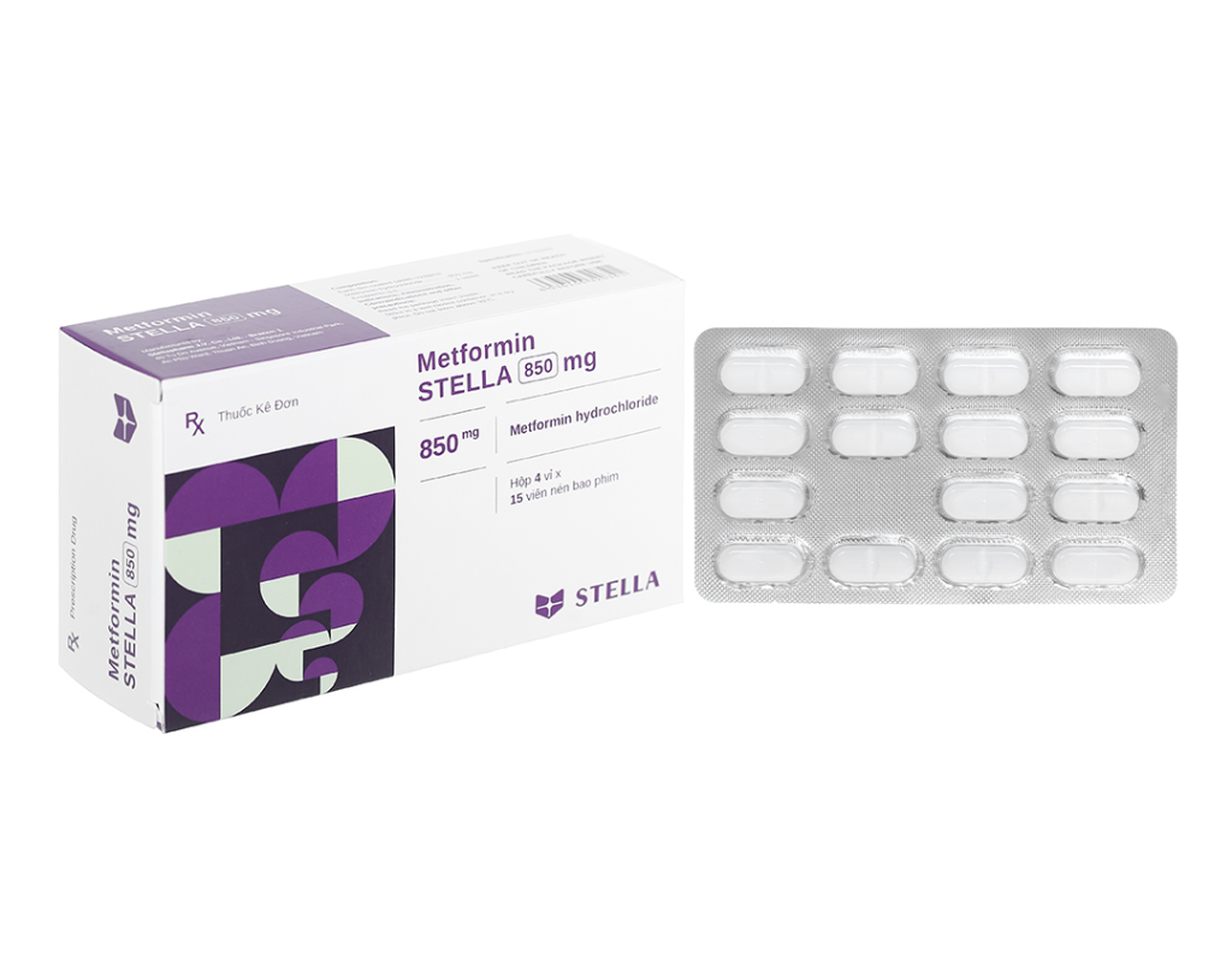 Thuốc Metformin STELLA 850 mg điều trị đái tháo đường type II không phụ thuộc Insulin (Hộp 4 vỉ x 15 viên)