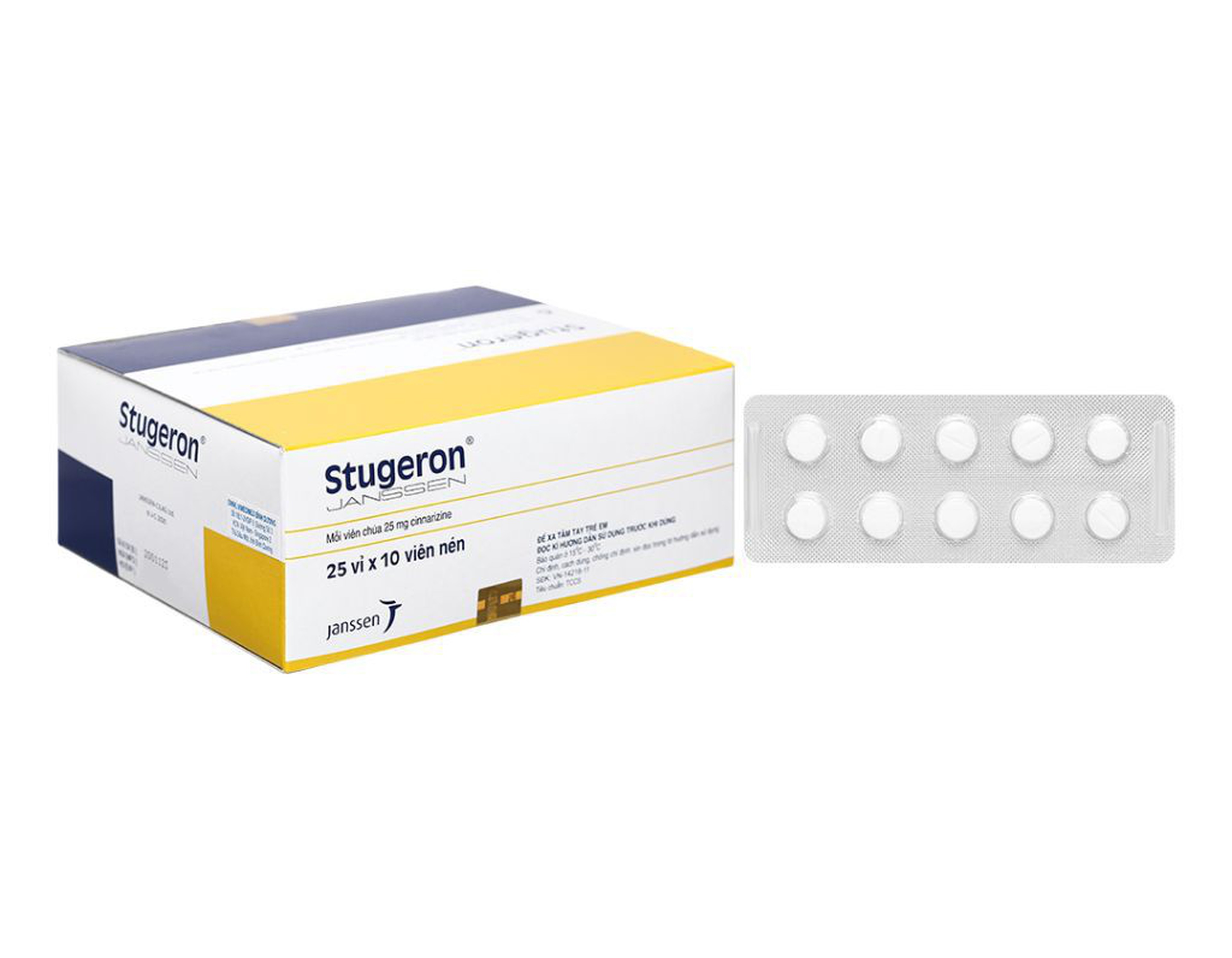 Thuốc Stugeron 25mg trị rối loạn tuần hoàn não, say tàu xe (hộp 25 vỉ * 10 viên)      