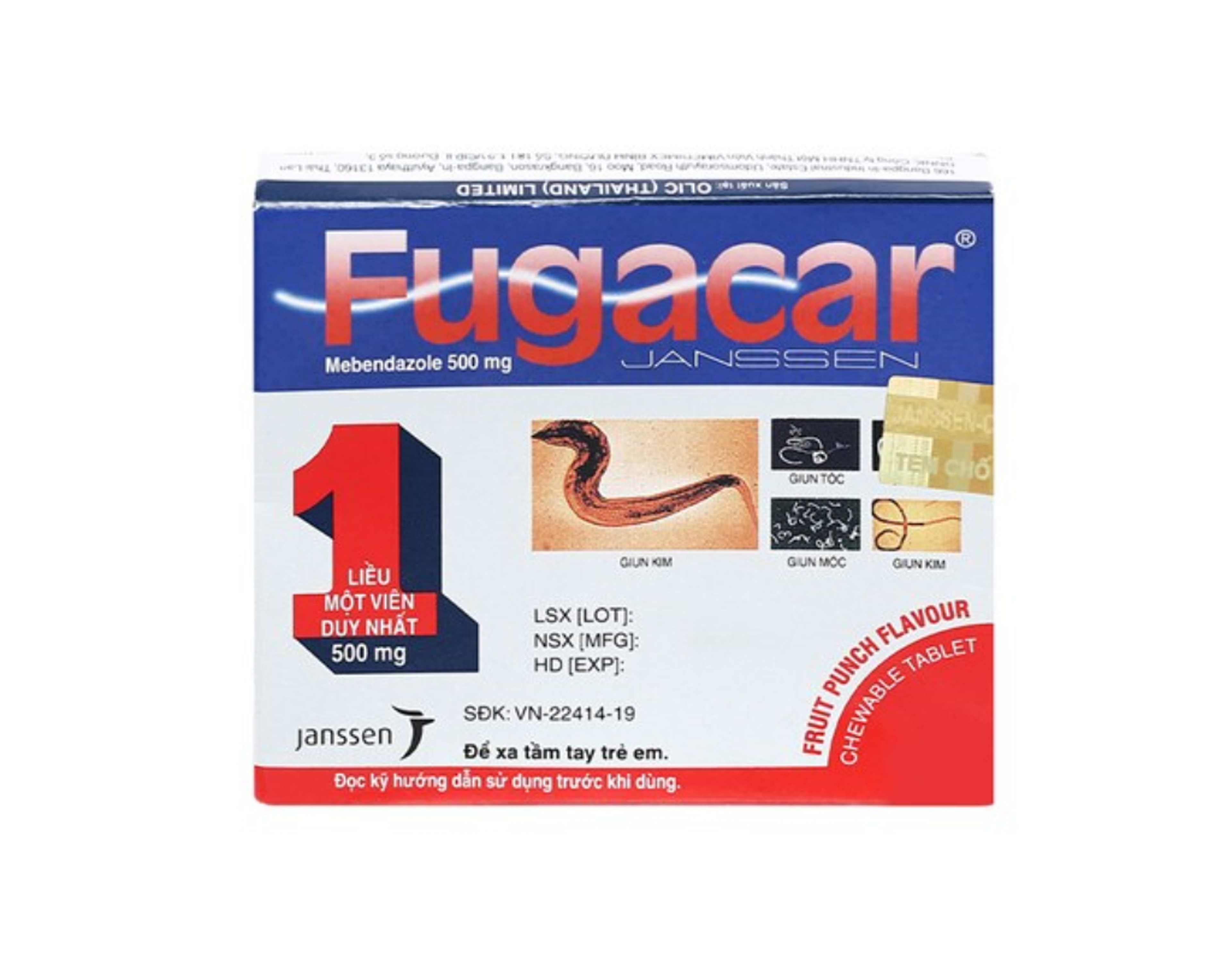 Viên nhai Fugacar vị trái cây 500mg điều trị giun đường tiêu hóa (Hộp 1 vỉ * 1 viên)
