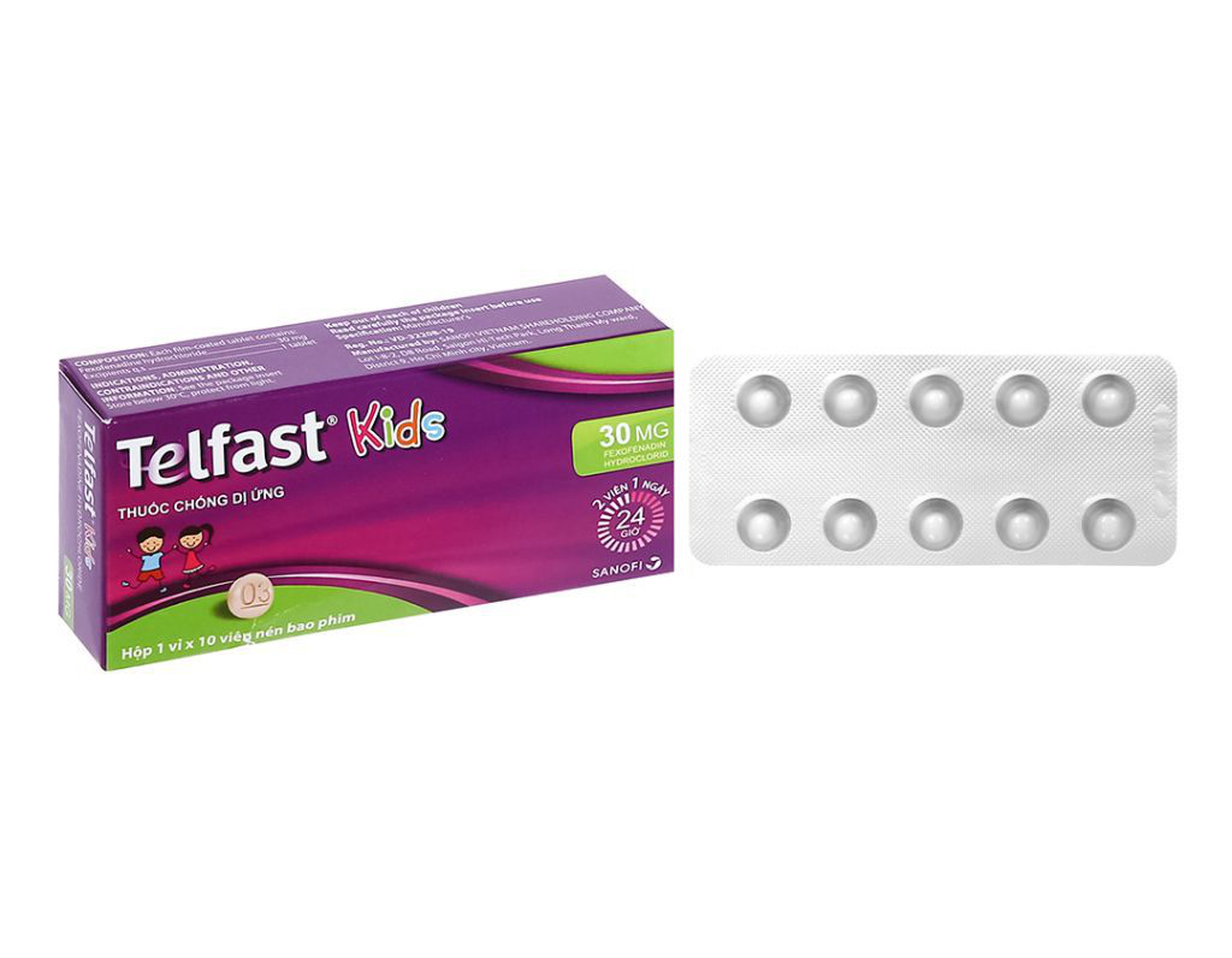 Thuốc Telfast Kids 30mg điều trị viêm mũi dị ứng, mày đay cho bé (hộp 1 vỉ * 10 viên)
