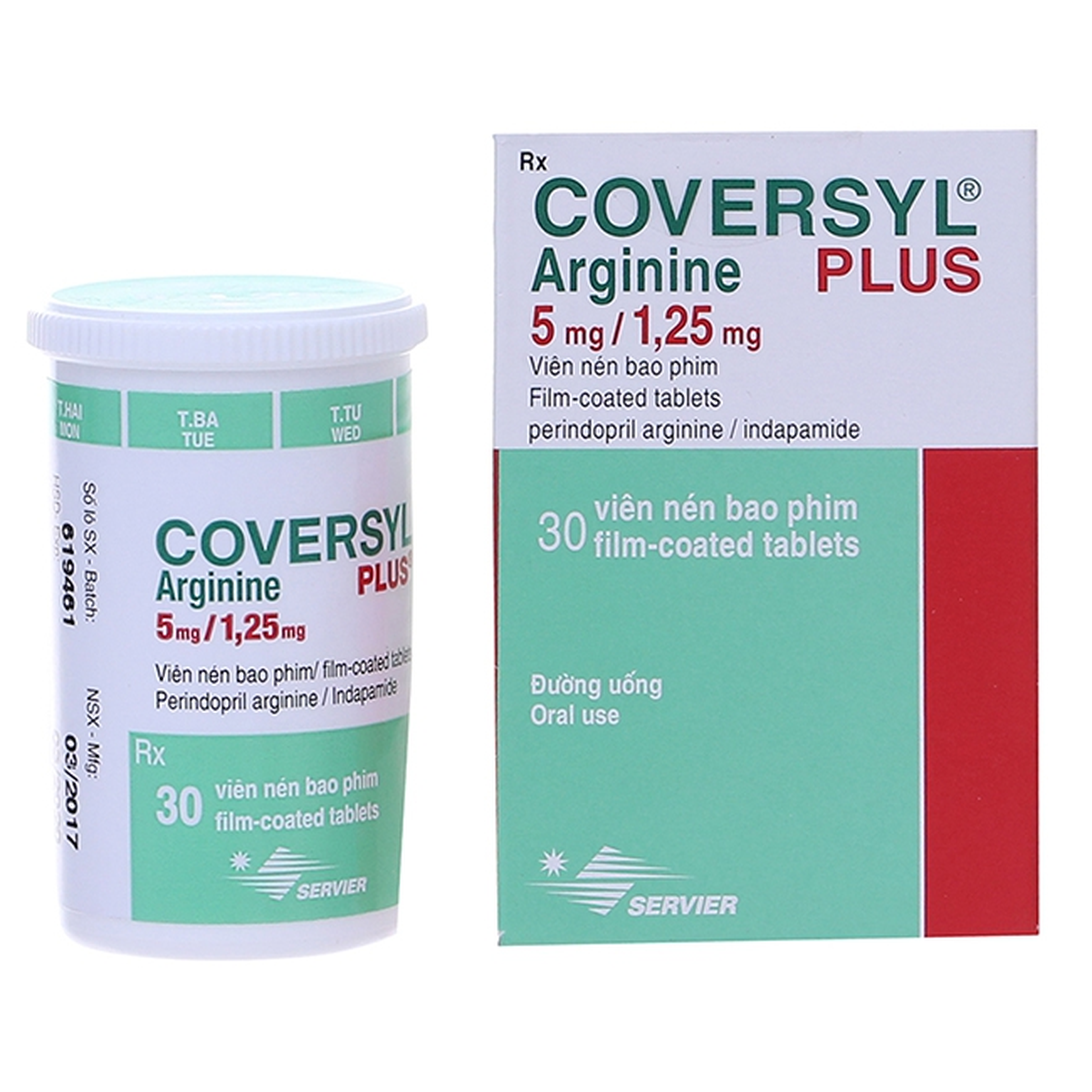 Thuốc Coversyl Arginine Plus 5mg/1.25mg điều trị tăng huyết áp nguyên phát (hộp 1 lọ 30 viên)