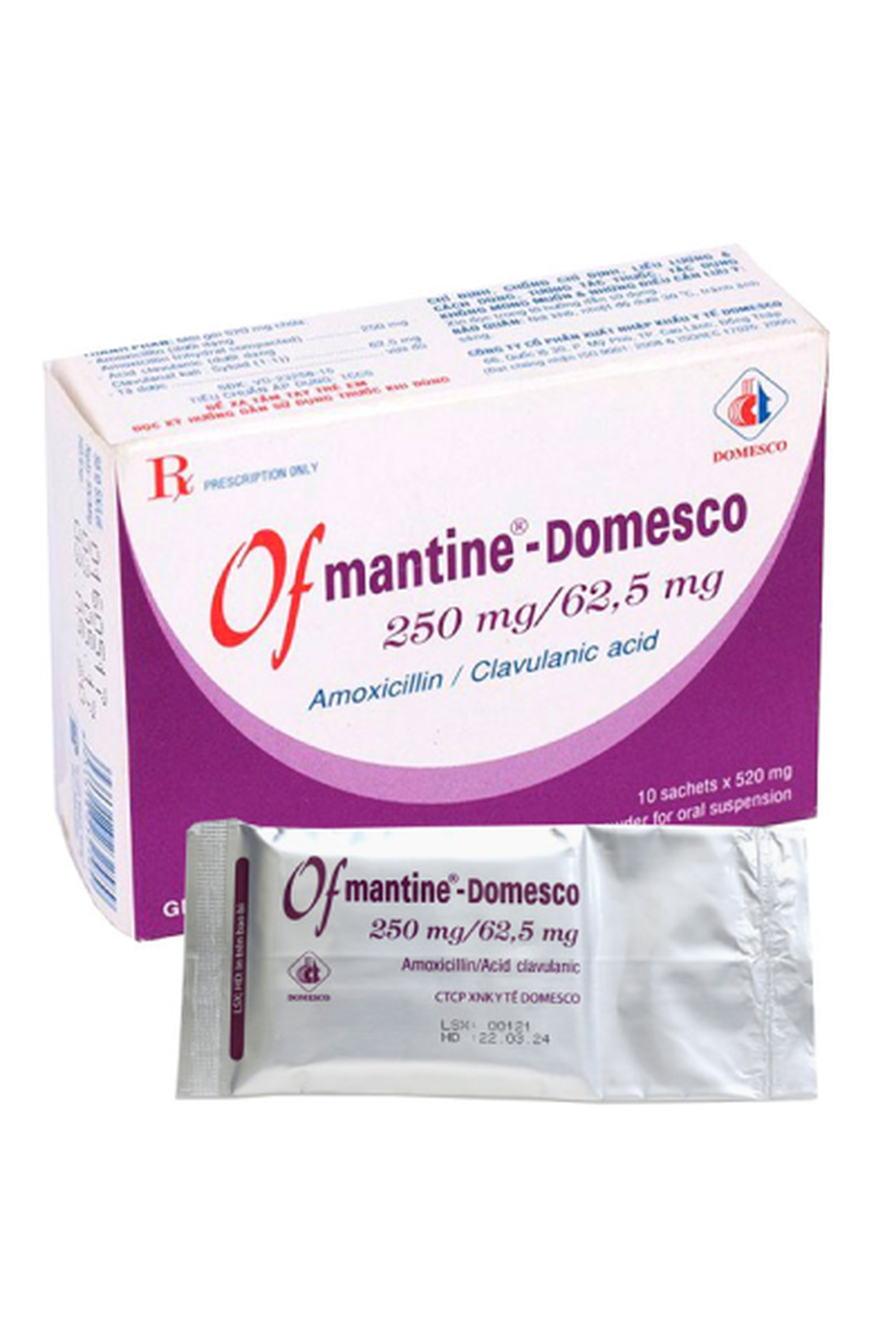 Thuốc Ofmantine-Domesco 250mg/62,5mg điều trị nhiễm khuẩn (hộp 10 gói)