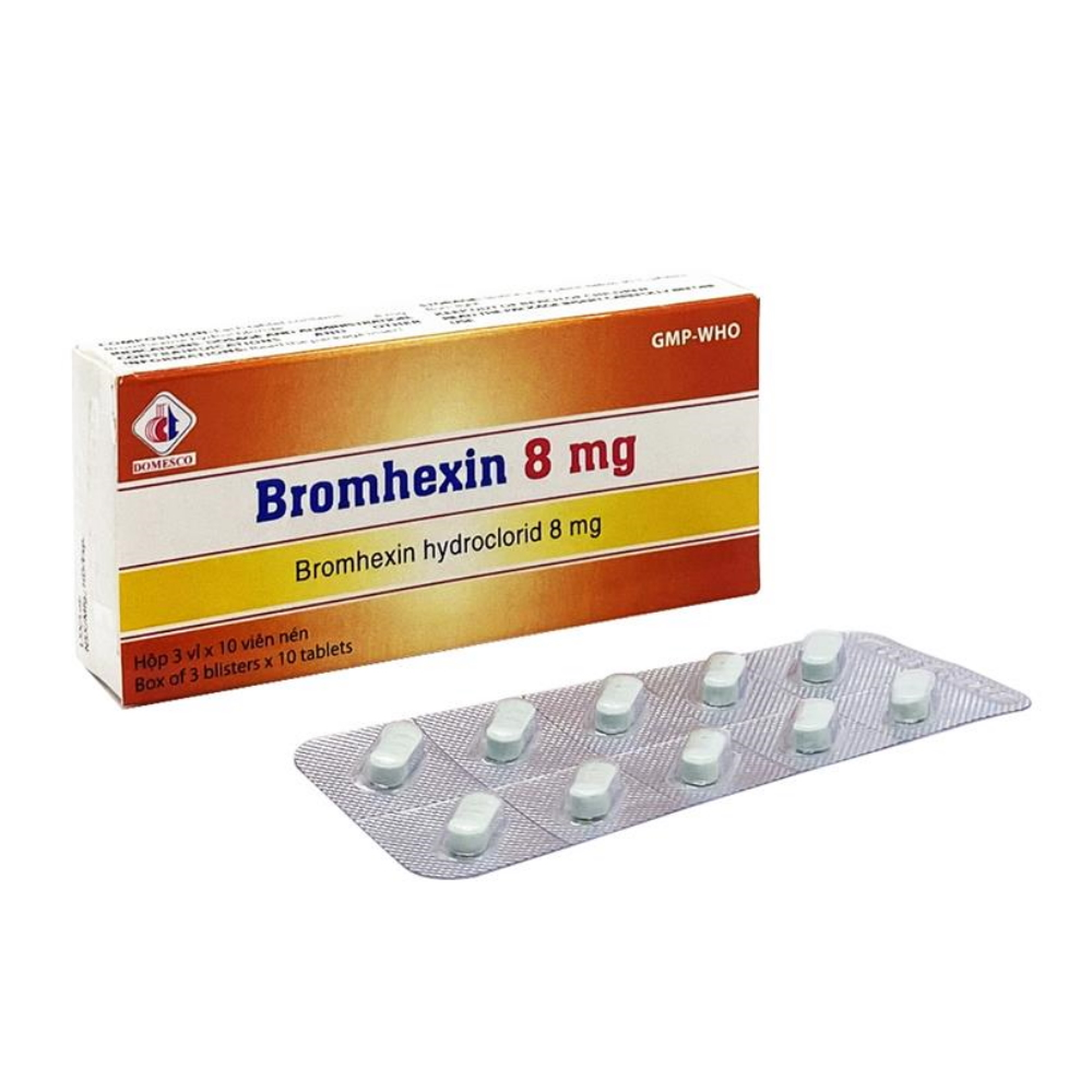 Viên uống Bromhexin Domesco giúp điều trị rối loạn tiết dịch phế quản (Hộp 3 vỉ x 10 viên)