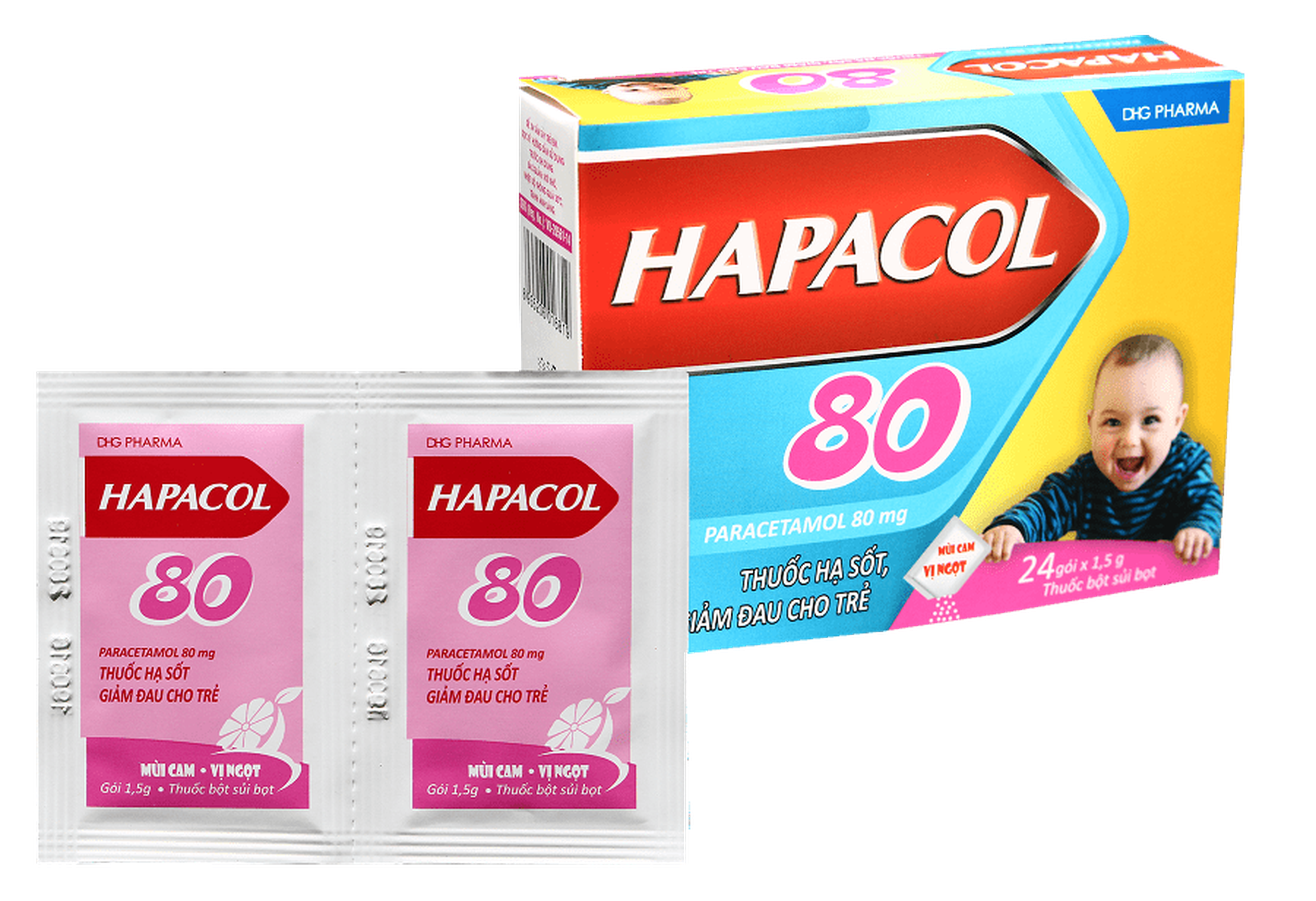 Thuốc bột sủi Hapacol 80 mg giảm đau, hạ sốt cho trẻ (Hộp 24 gói x 1.5g)