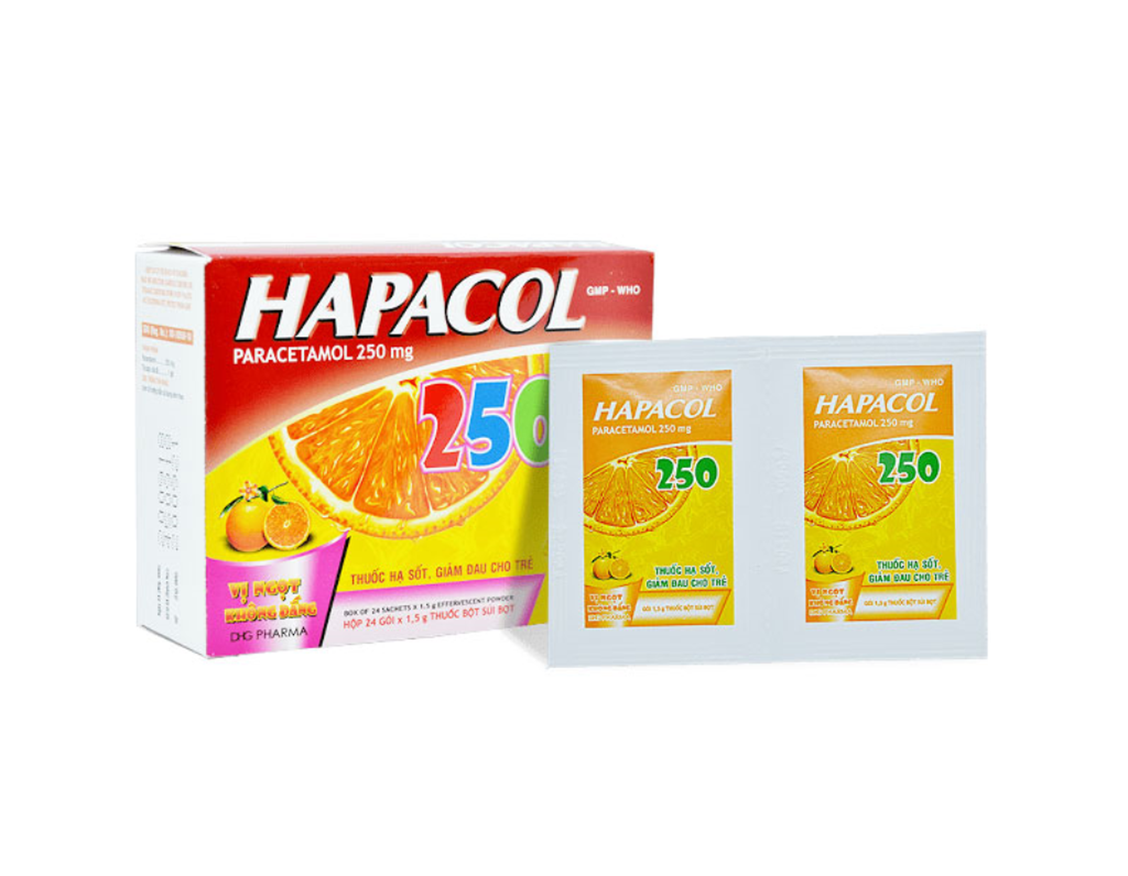 Thuốc bột sủi Hapacol 250 mg giảm đau, hạ sốt (Hộp 24 gói x 1.5g)