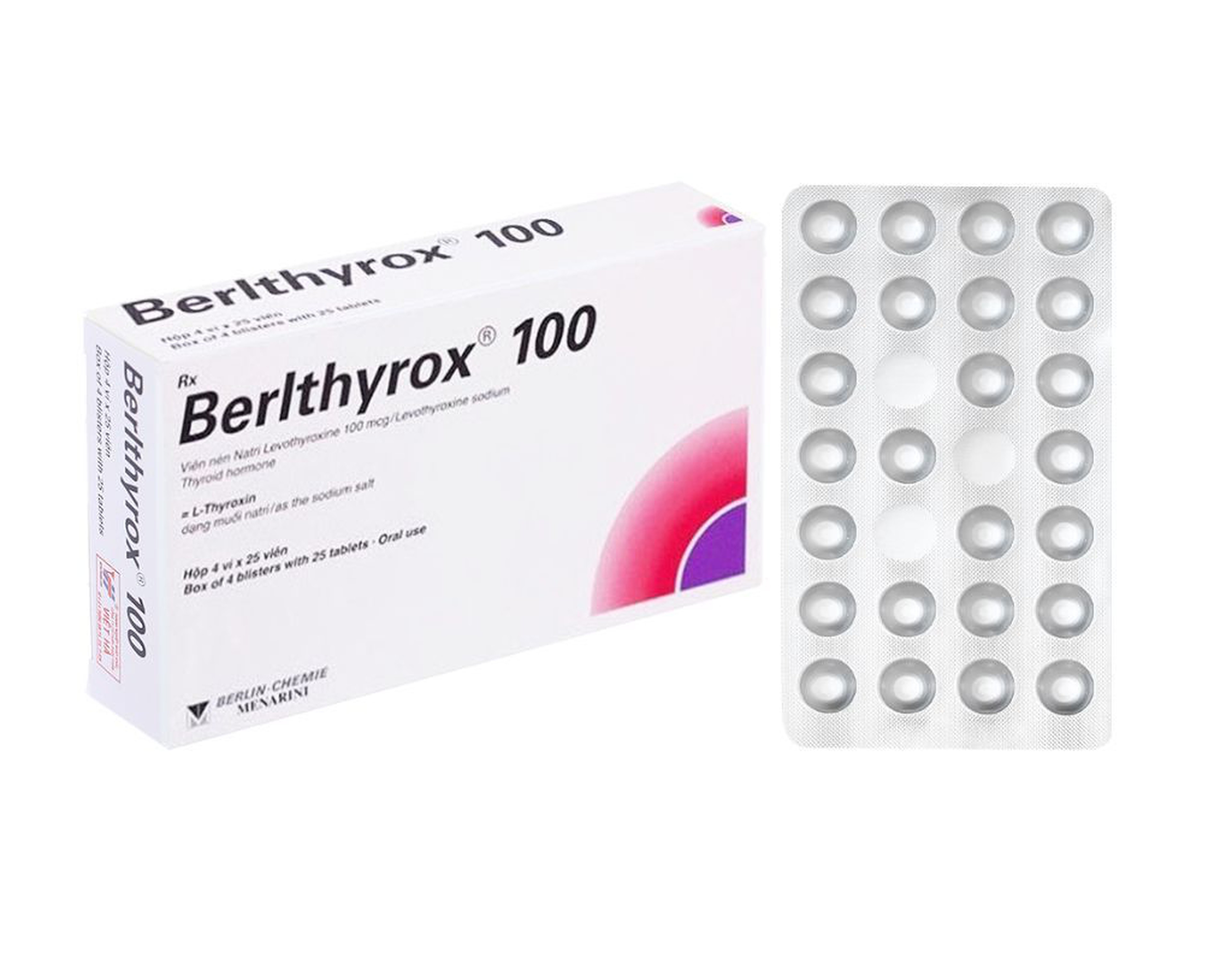 Thuốc Berlthyrox 100mg điều trị bệnh lý tuyến giáp (hộp 4 vỉ x 25 viên)