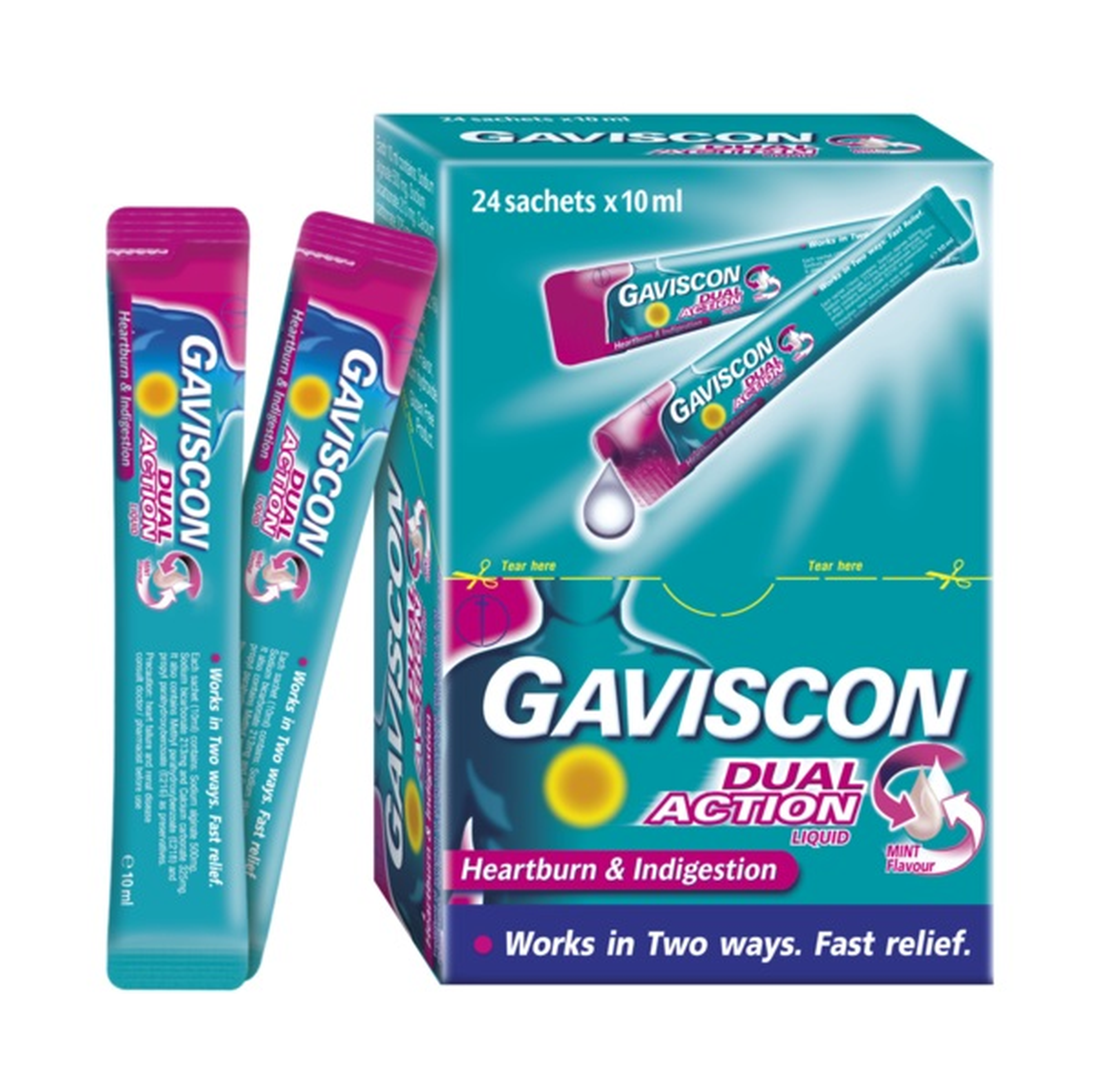 Thuốc uống Gaviscon Dual Action giúp giảm ợ nóng, ợ chua, đầy bụng khó tiêu (hộp 24 gói x 10ml)
