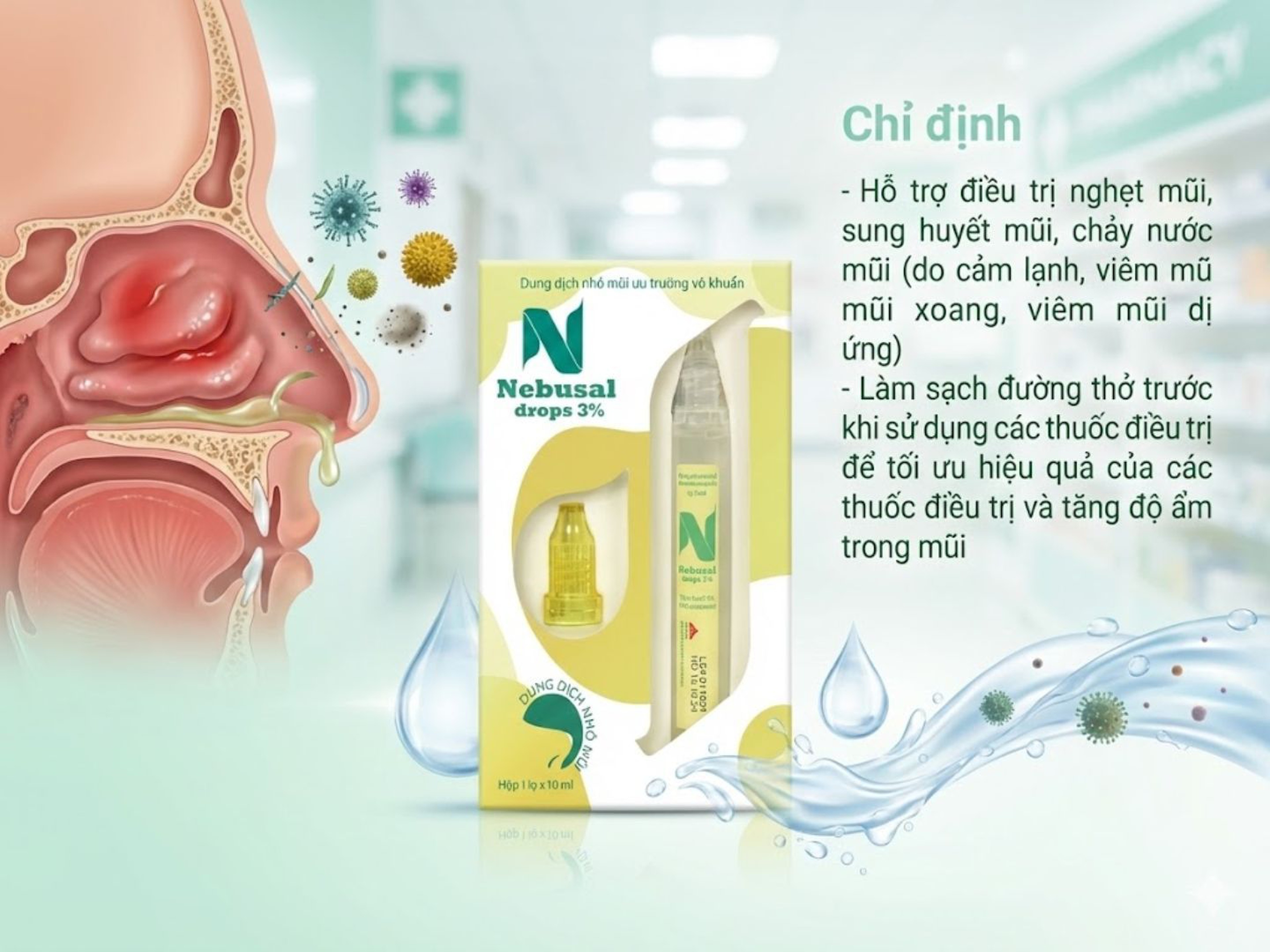 Dung dịch nhỏ mũi Nebusal drops 3% giảm nghẹt mũi sổ mũi (Hộp 1 lọ x 10ml)