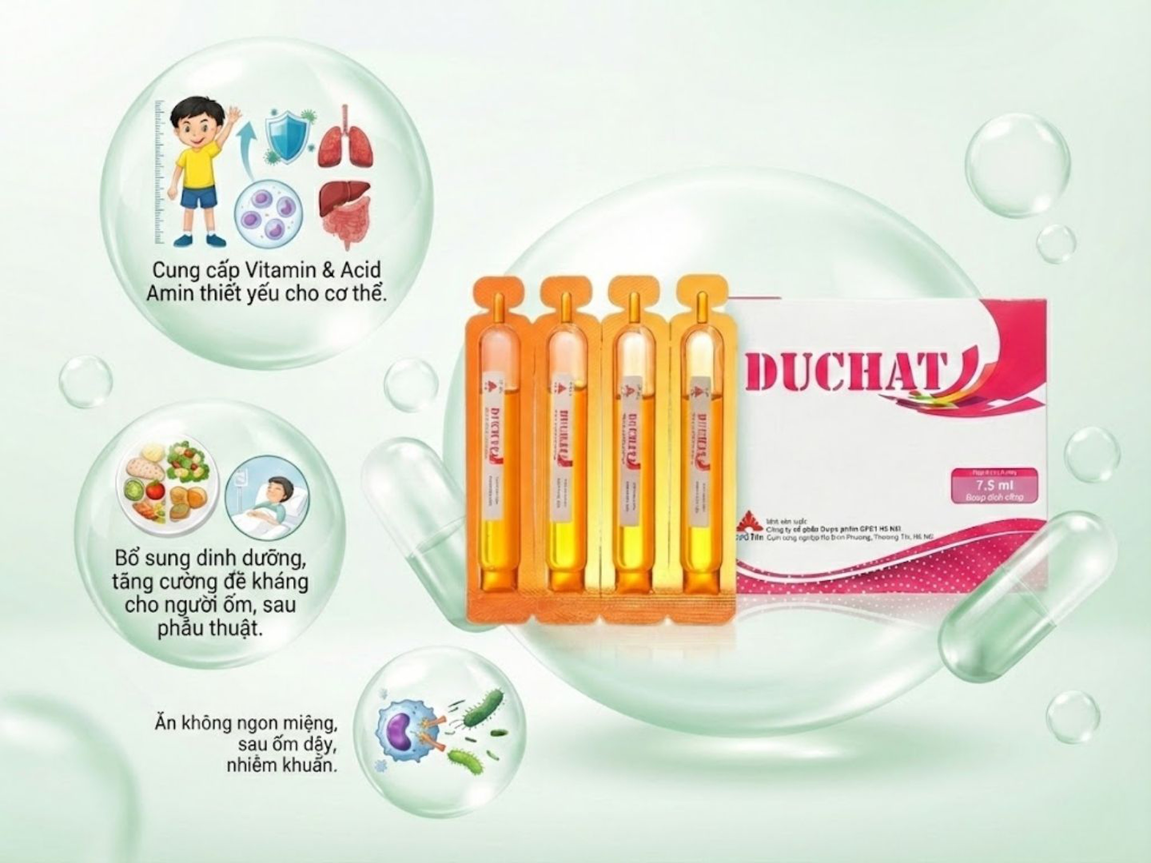Dung dịch uống Duchat dự phòng trường hợp thiếu Vitamin và Acid Amin (Hộp 20 ống x 7,5ml)