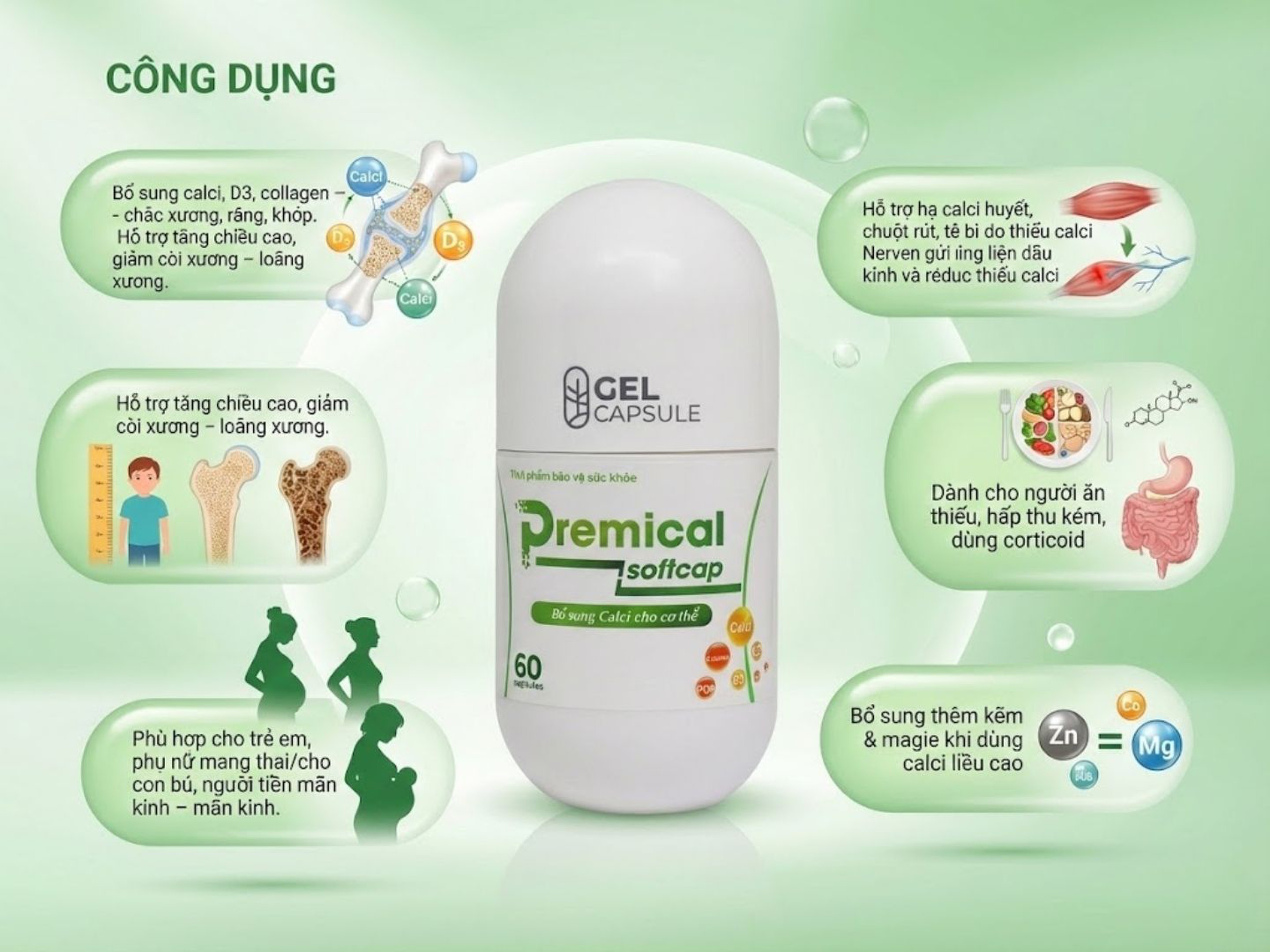 Premical Softcap, hỗ trợ bổ sung calci cho cơ thể (Lọ 60 viên)