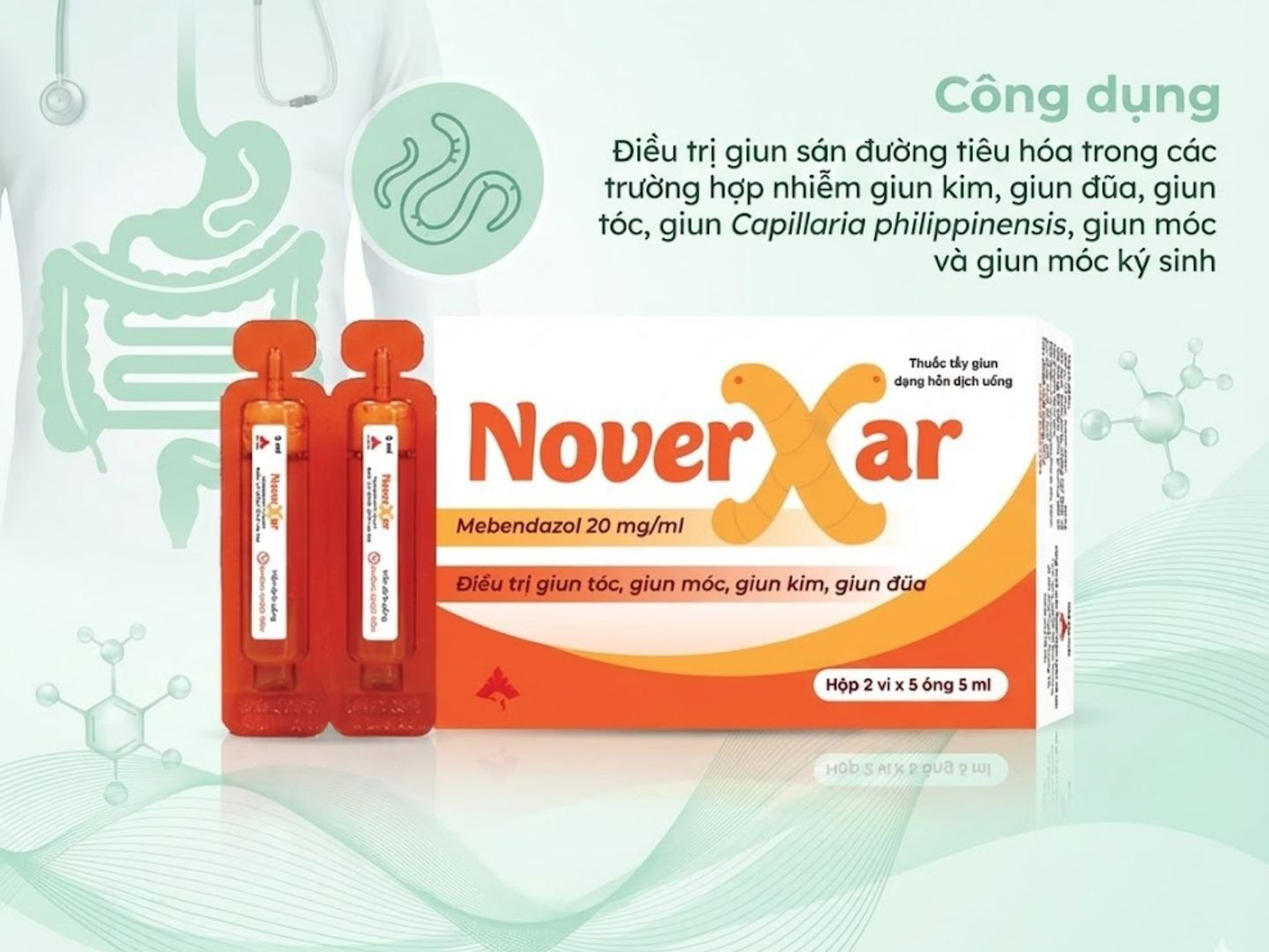 Thuốc Noverxar điều trị giun (Hộp 2 vỉ x 5 ống)