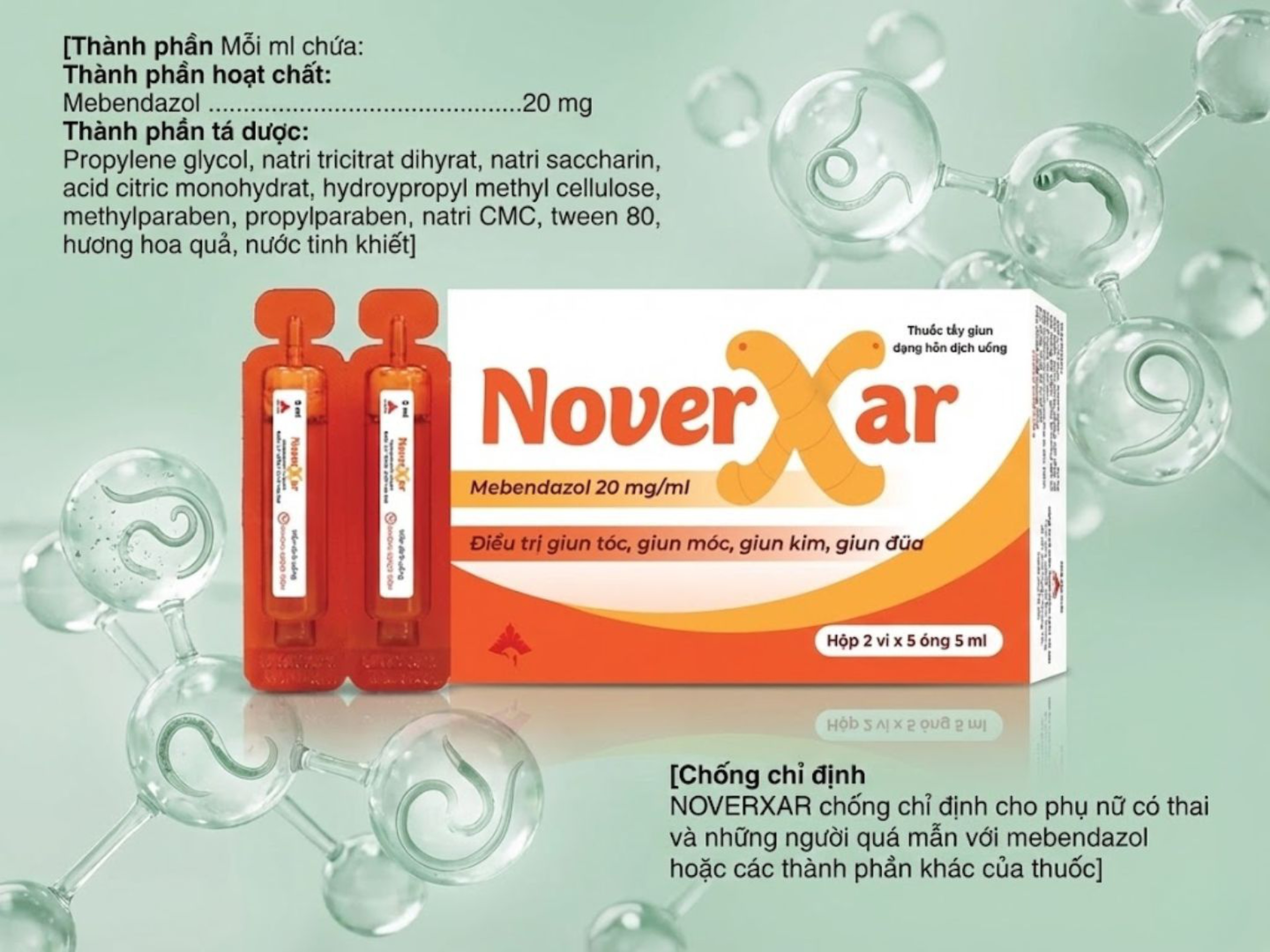 Thuốc Noverxar điều trị giun (Hộp 2 vỉ x 5 ống)