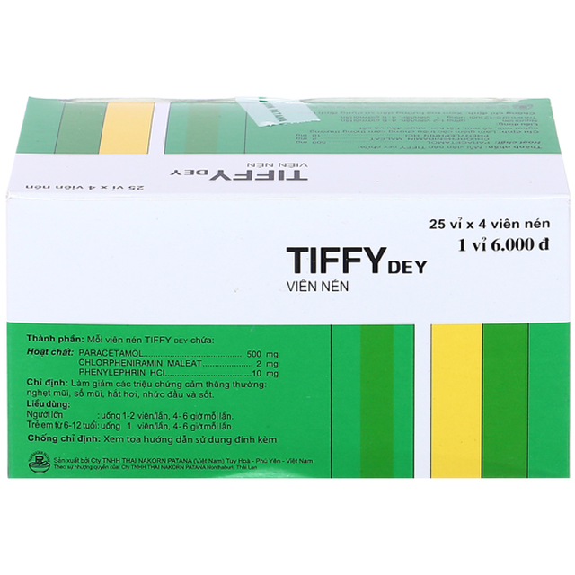 Thuốc Tiffy Dey điều trị cảm cúm, cảm lạnh (Hộp 25 vỉ x 4 viên)