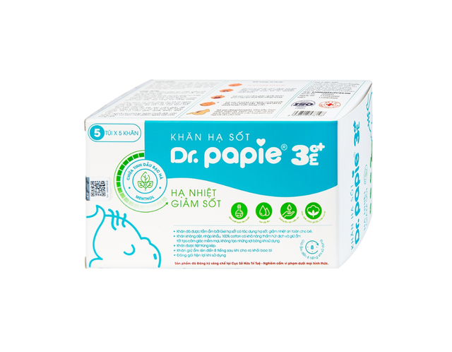 Khăn Dr Papie 3M0+ giúp hạ sốt cho bé  (Hộp 5 túi x 5 khăn)