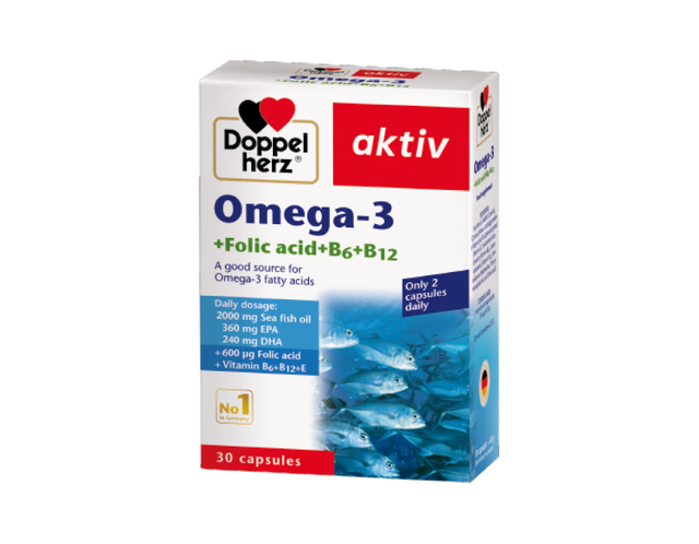 Viên uống Omega-3 + Folic acid + B6 + B12 Doppelherz Aktiv hỗ trợ tăng cường sức khỏe não bộ và tim mạch (Hộp 3 vỉ x 10 viên)
