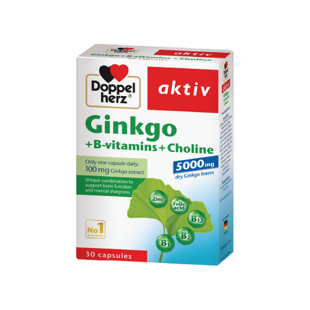 Thực phẩm bảo vệ sức khỏe Doppelherz Ginkgo + B-vitamins + Choline hỗ trợ tăng cường tuần hoàn não (Hộp 3 vỉ x 10 viên)