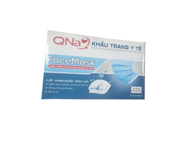 Khẩu trang y tế QNa 4 lớp màu trắng hỗ trợ ngăn khói, bụi, kháng khuẩn (Hộp 50 cái)