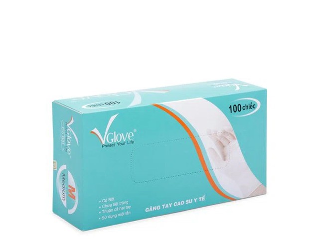 Găng tay cao su y tế có bột Vglove 5g size M dùng trong môi trường y tế và trong công nghiệp (Hộp 100 chiếc)
