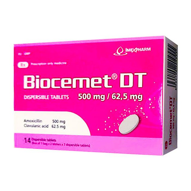Thuốc Biocemet DT 500mg/62,5mg Imexpharm điều trị viêm amiđan, viêm xoang, viêm tai giữa (Hộp 2 vỉ x 7 viên)