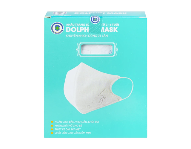 Khẩu trang 3D trẻ em Dolphin Mask 4 lớp ngăn giọt bắn, vi khuẩn, khói bụi (Hộp 10 chiếc)