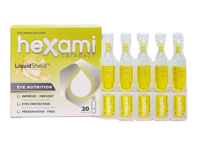 Dung dịch nhỏ mắt Hexami Cataract Eye drops hỗ trợ điều trị làm giảm và làm chậm đục thủy tinh thể do tuổi tác (Hộp 2 ống * 10 ml)