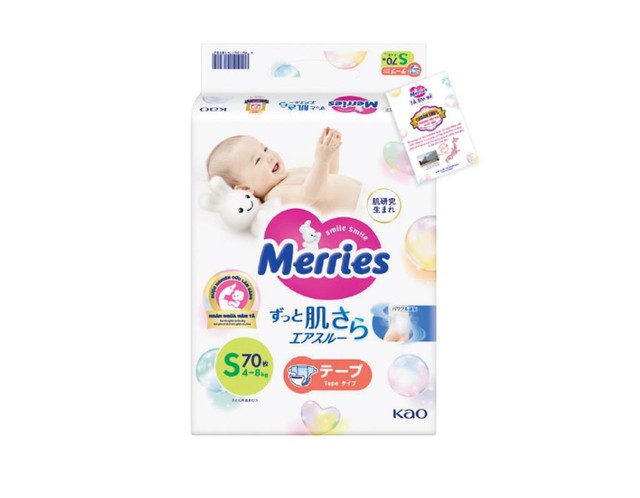 Tã dán Merries miếng size S siêu thấm hút (Bịch 70 miếng)
