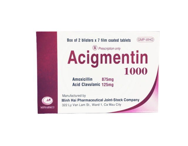 Thuốc Acigmentin 1000 Minh Hải điều trị nhiễm khuẩn gram dương và gram âm (Hộp 2 vỉ x 7 viên)