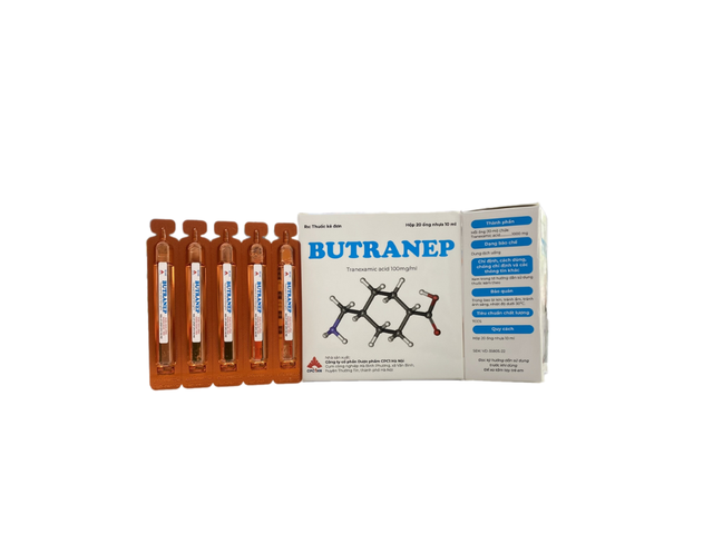 Thuốc Butranep Sol để điều trị và phòng ngừa chảy máu kết hợp với tăng phân hủy fibrin (Hộp 20 ống x 10ml) 