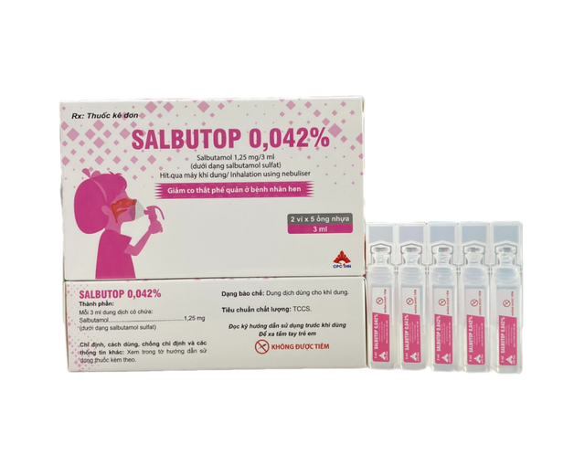 Dung dịch Salbutop 0,042% giảm co thắt phế quản ở bệnh nhân từ 2 đến 12 tuổi bị hen suyễn( Hộp 2 vỉ x 5 ống 3ml)
