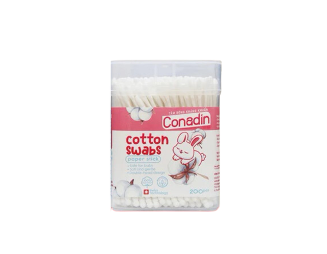 Tăm bông kháng khuẩn Conadin Baby mềm mại dành cho trẻ em (Hộp 200 que)