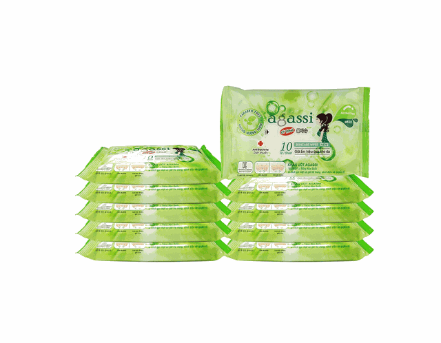 Khăn ướt diệt khuẩn Agassi xanh lá không mùi (gói 10 miếng)