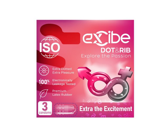 Bao cao su Excibe Dot & Rib dẻo dai mỏng nhẹ, tăng khoái cảm (Hộp 3 cái)
