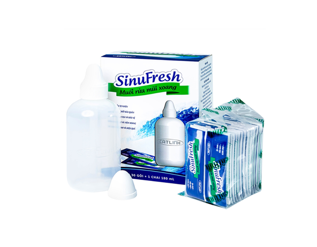 Bình rửa mũi xoang SinuFresh Cát Linh dùng cho khô mũi, ngạt mũi, chảy nước mũi (Hộp 30 gói + 1 chai 180ml)