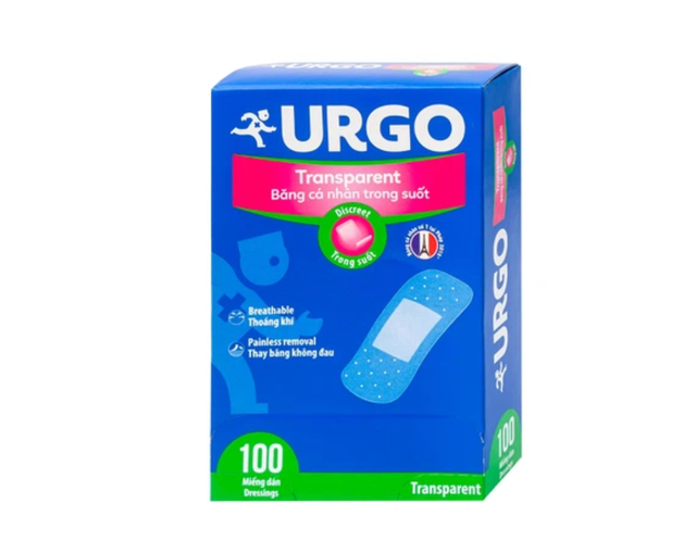 Băng cá nhân trong suốt Urgo Transparent bảo vệ vết thương nhỏ, vết trầy xước (Hộp 100 miếng 2cm x 7.2cm)